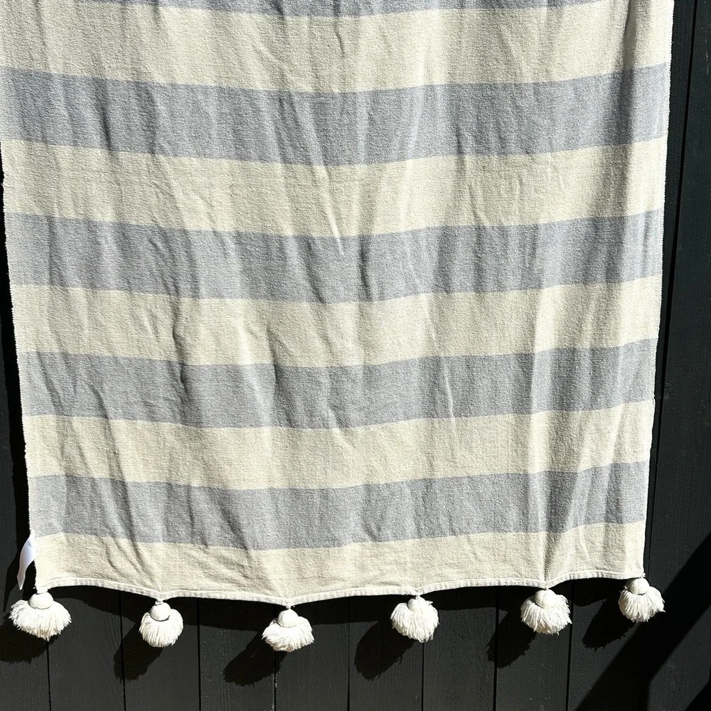 Anthropologie Nayland Boho Pom‎ Pom Throw Blanket 44X46 Coastal Stripe Tassel